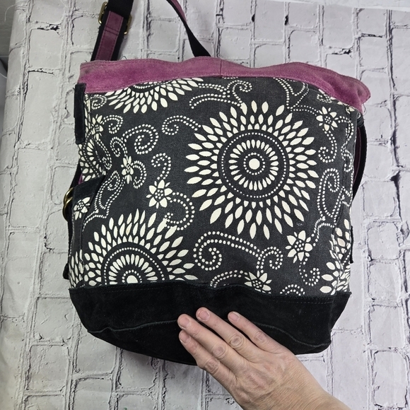 Vtg y2k Lucky Bag canvas floral suede large tote bucket bag - Picture 5 of 9
